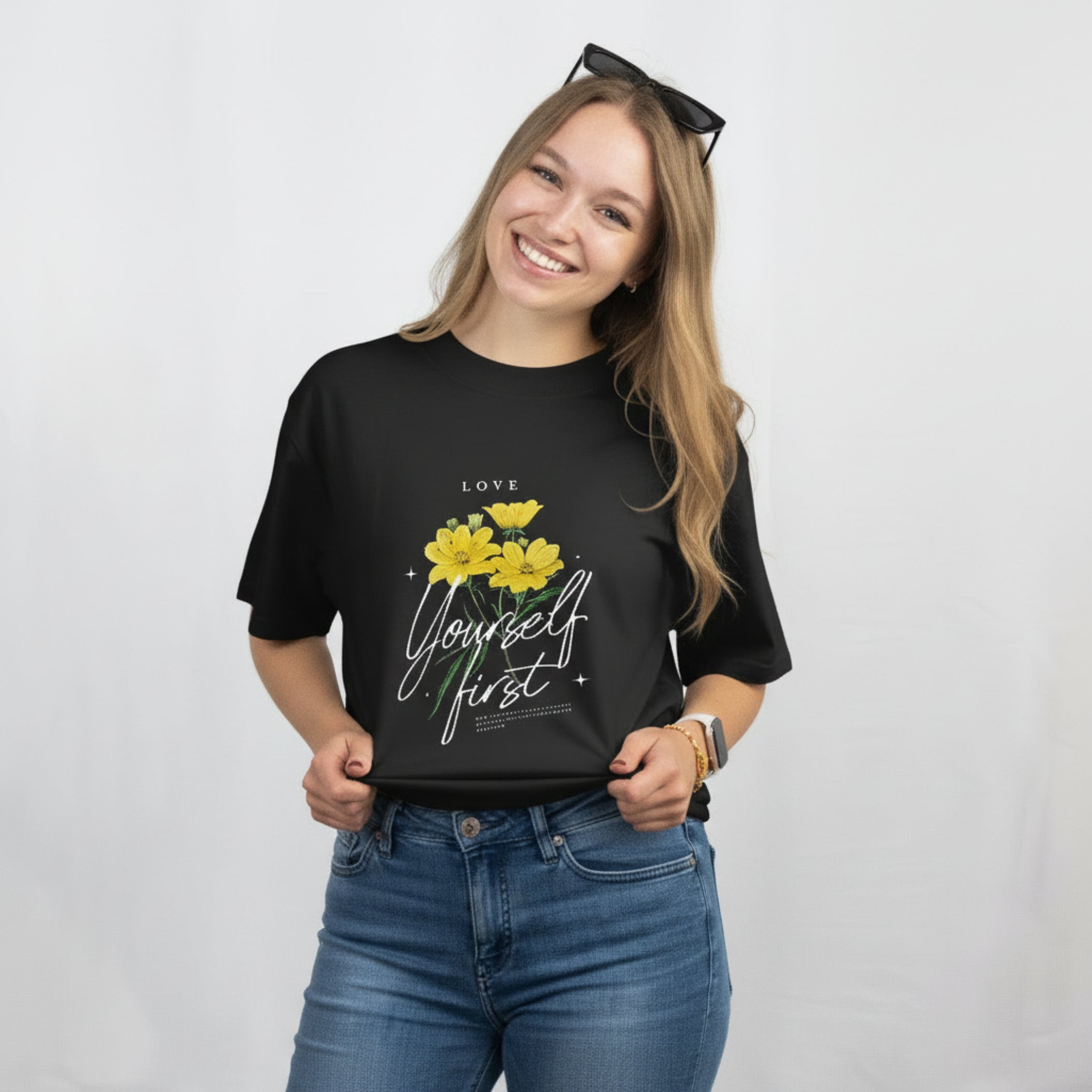 Love Yourself First – Floral Oversized Heavyweight Tee (Unisex)