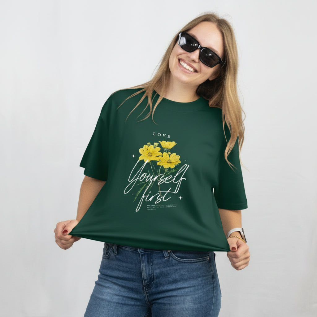 Love Yourself First – Floral Oversized Heavyweight Tee (Unisex)