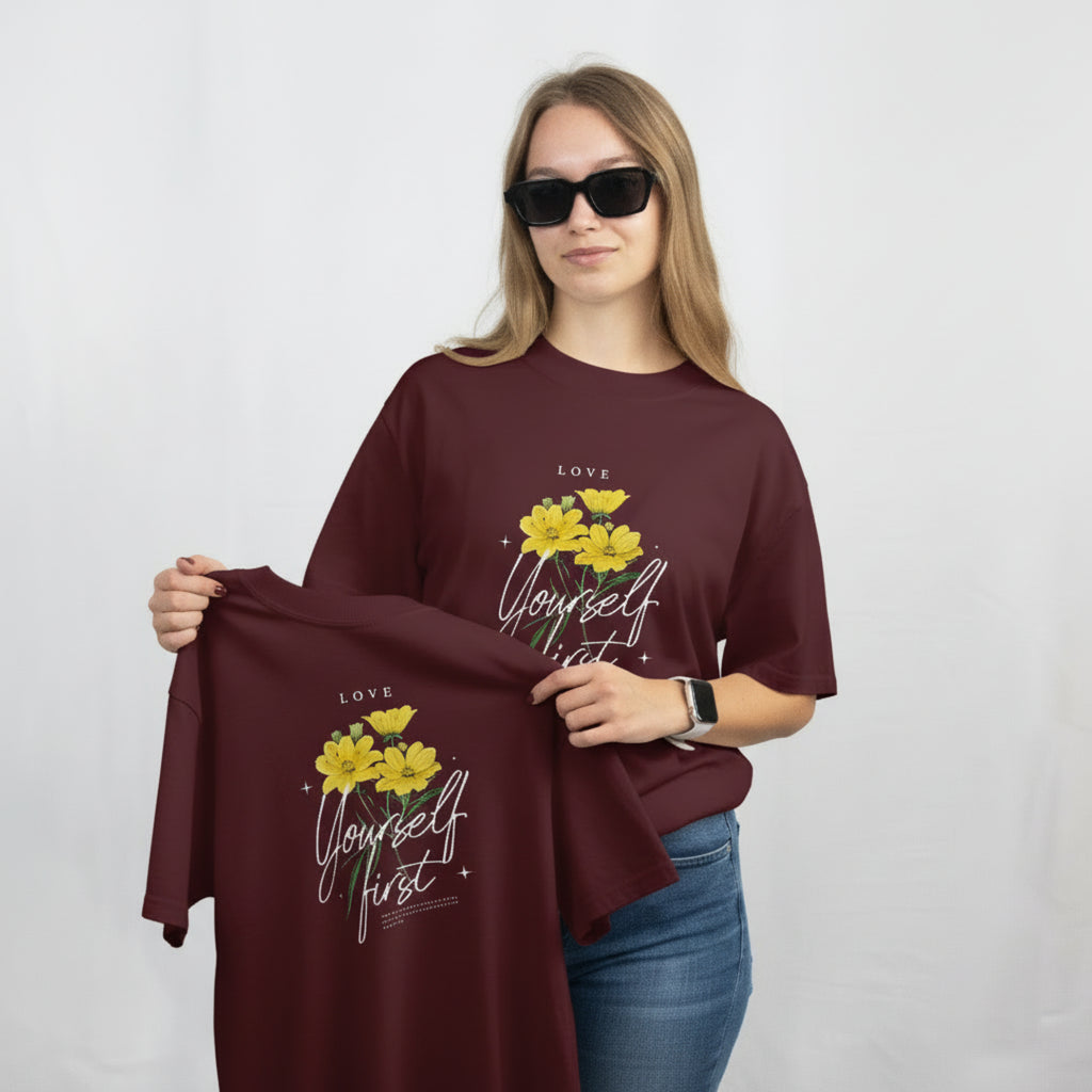 Love Yourself First – Floral Oversized Heavyweight Tee (Unisex)