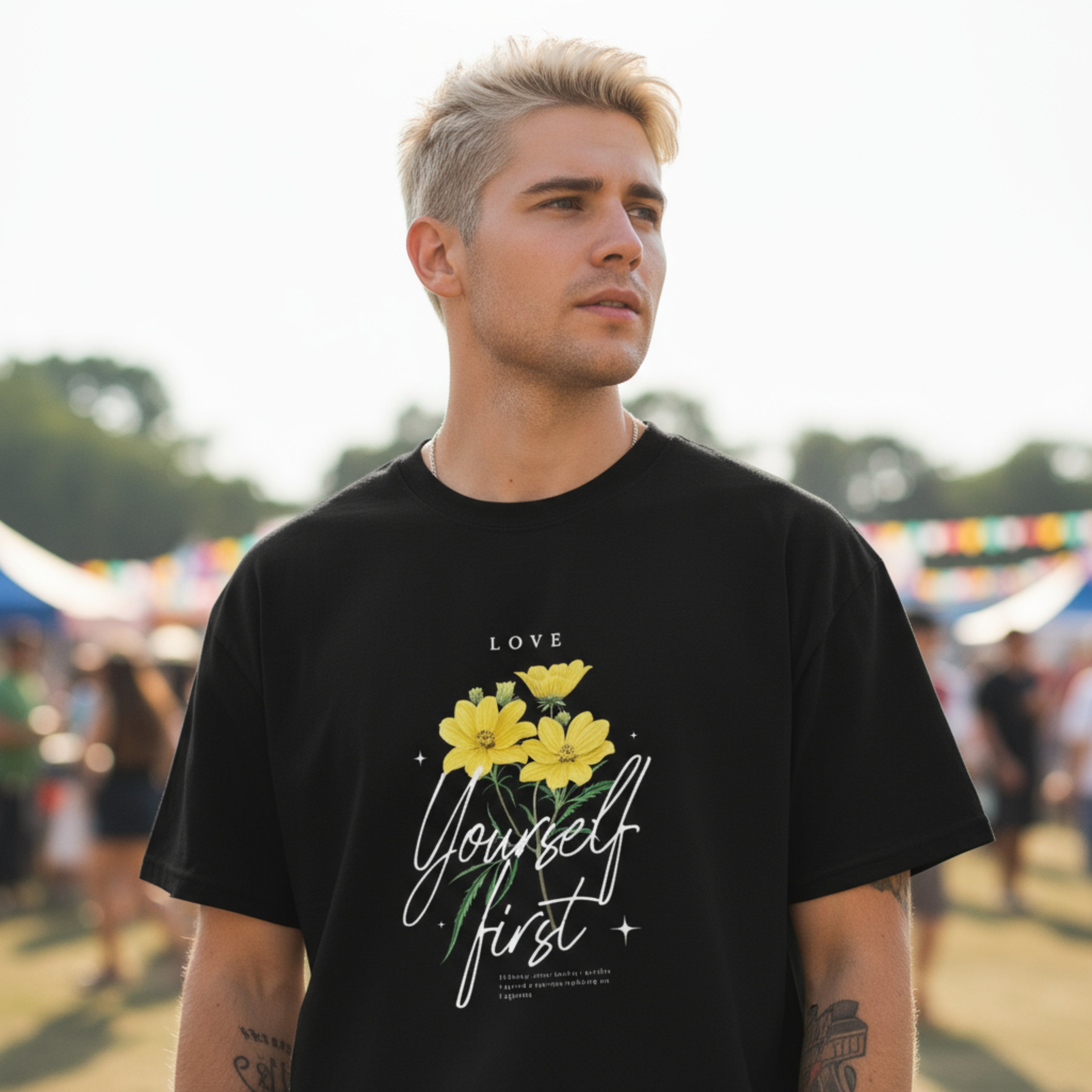 Love Yourself First – Floral Oversized Heavyweight Tee (Unisex)